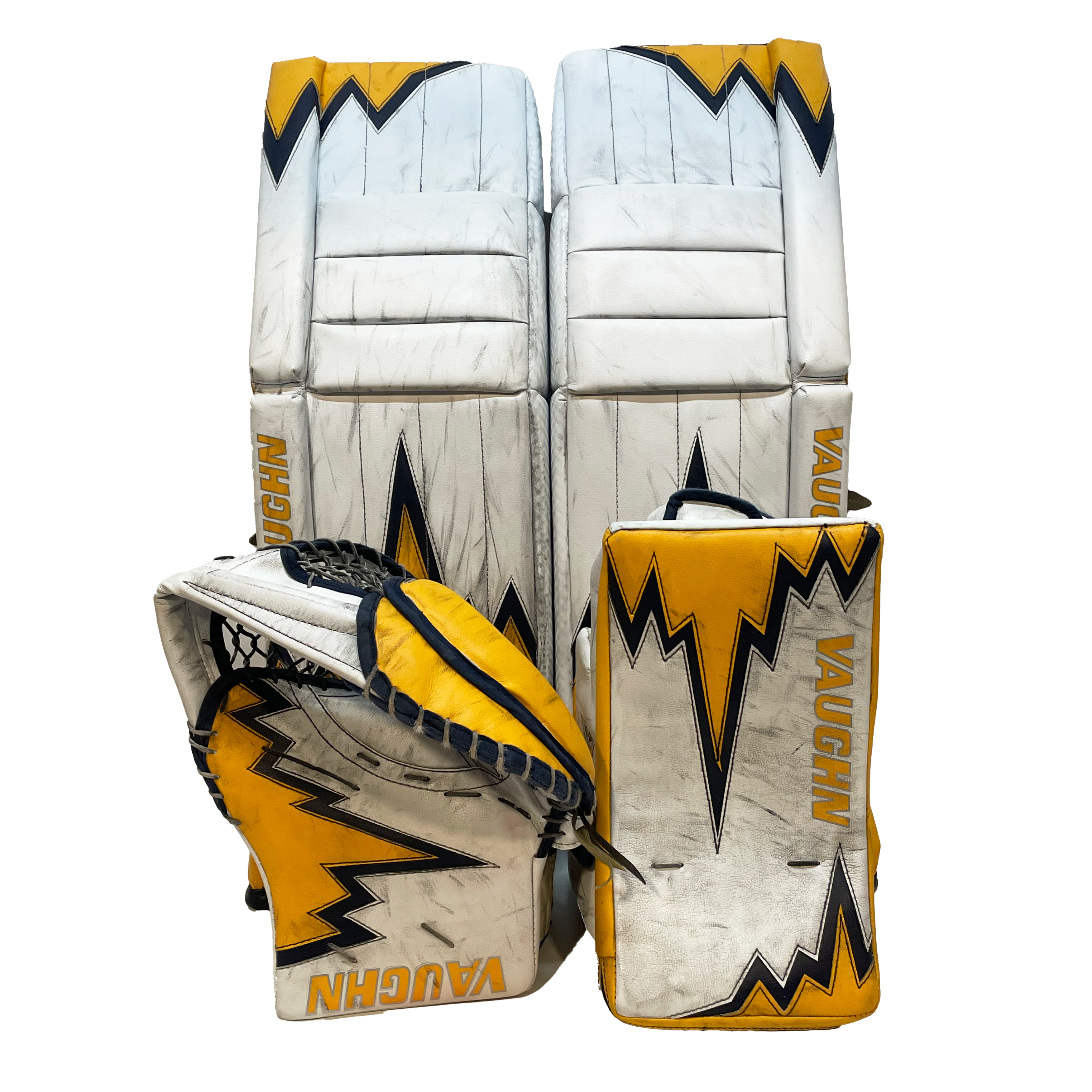 Vaughn Velocity V9 - Jambières de gardien senior Pro Stock d'occasion (blanc/jaune/bleu marine)
